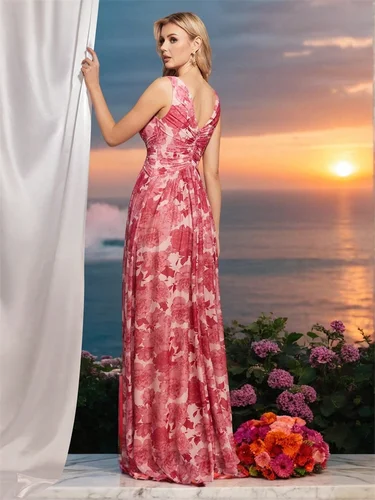 Imagen 2 del producto Lucyilove lujo con cuello en V gasa Rosa Sexy espalda descubierta Vestidos de noche formales vestido de mujer Vestidos de fiesta de dama de honor de boda Vestidos