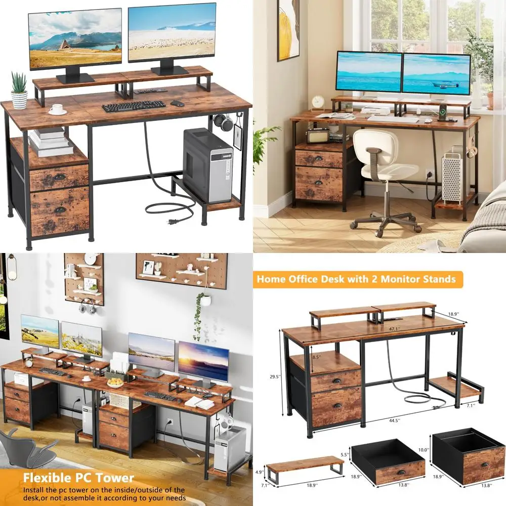 

Computer Desk with File Cabinet, Power Outlets, 2 Monitor Stands, Storage Drawers for Home Office Writing and Organization