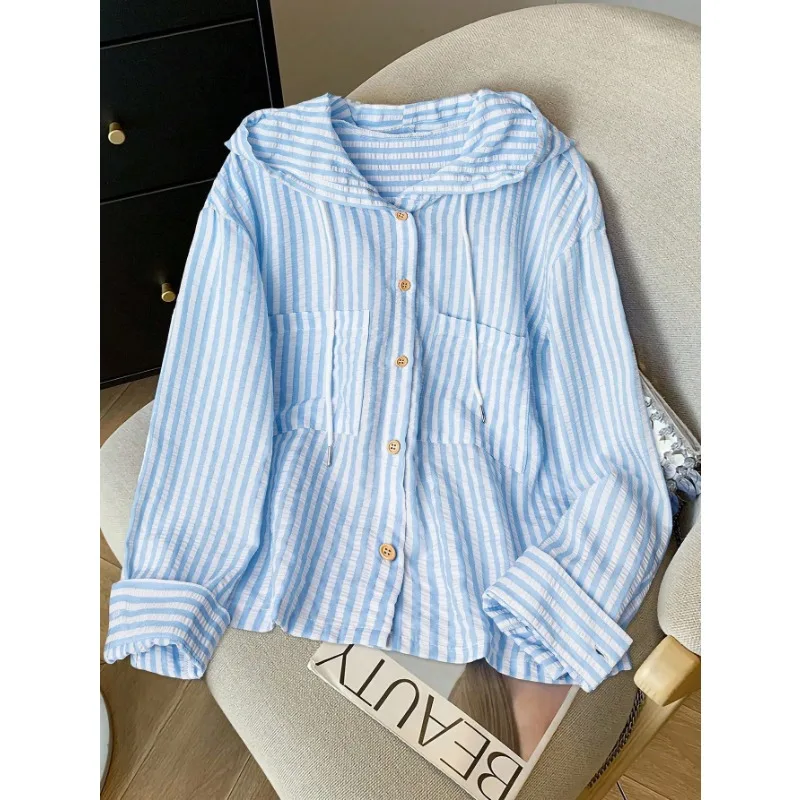 

Women's Retro Lazy Vertical Stripe Hooded Shirt Women's Versatile Loose Long Sleeve Top