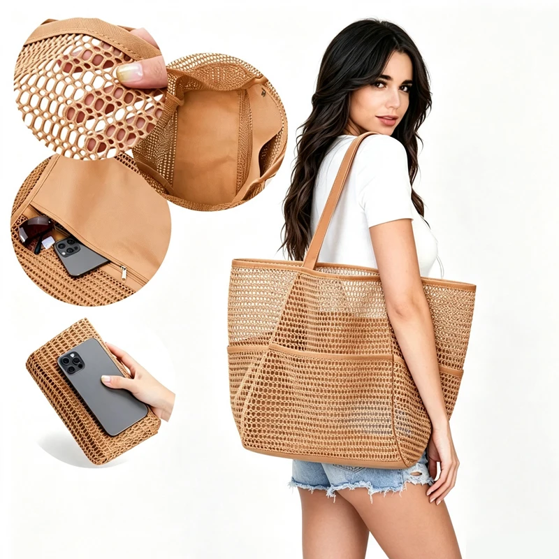 Beach Bag - Mesh Tote Bag Beach Vacation Clothes for Women Pool Bag for Travel Pool Family Cruise Essentials
