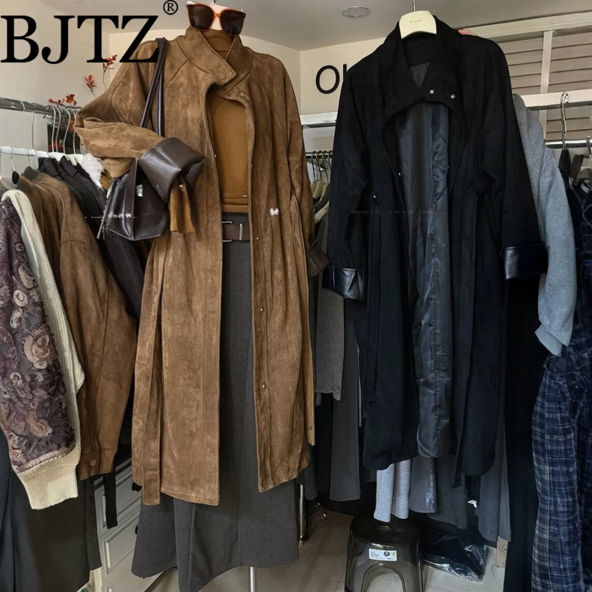 

BJTZ Women’s Suede Coat Jacket Long Plush Collar Casual Designer Comfortable Elegant Minimalist Premium Autumn Winter 2025