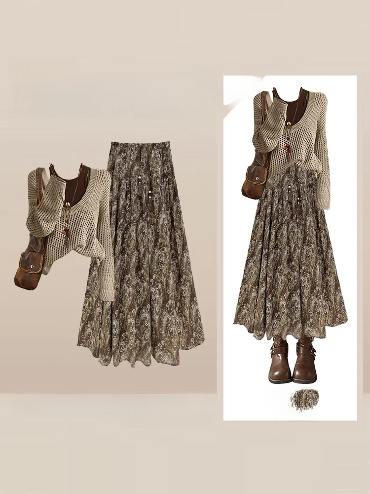 

Fall Winter Women's Coffee Colored Floral Halter Neck Dress Three Piece Set Long Sleeve Knitted Top Skirt And Jacket