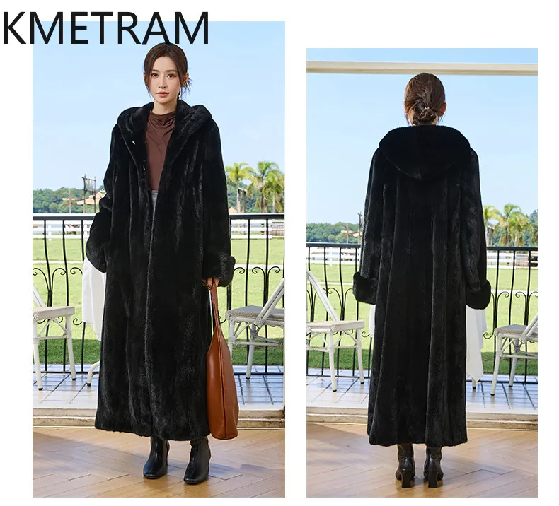 معطف فرو المنك الطبيعي 100٪ من KMETRAM، جاكيت نسائي طويل عالي الجودة من فرو المنك الحقيقي مع غطاء للرأس، ملابس شتوية نسائية 2026
