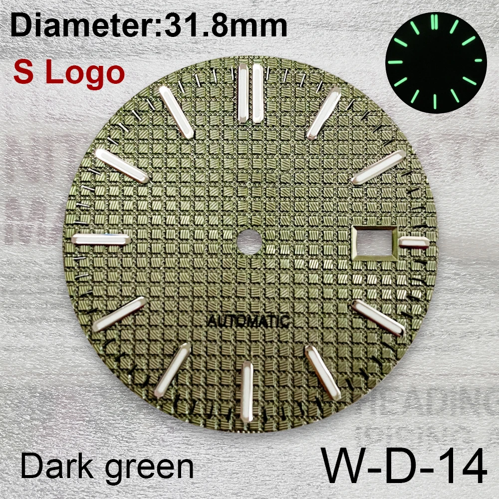 Esfera con logotipo S de 31,8mm adecuada para movimiento japonés NH35/NH36, accesorios de modificación de reloj luminosos verdes de alta calidad