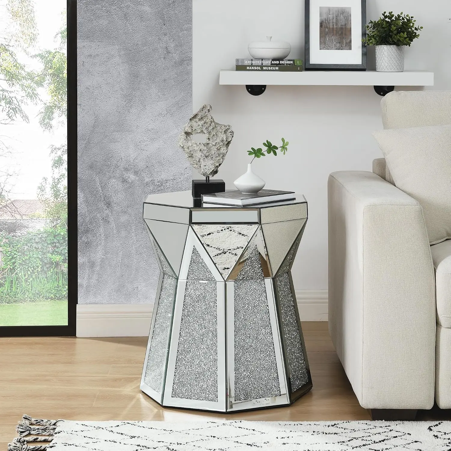 Silver Mirrored End Table Crystal Octagon Side Accent Sofa Nightstand Living Room Bedroom 20