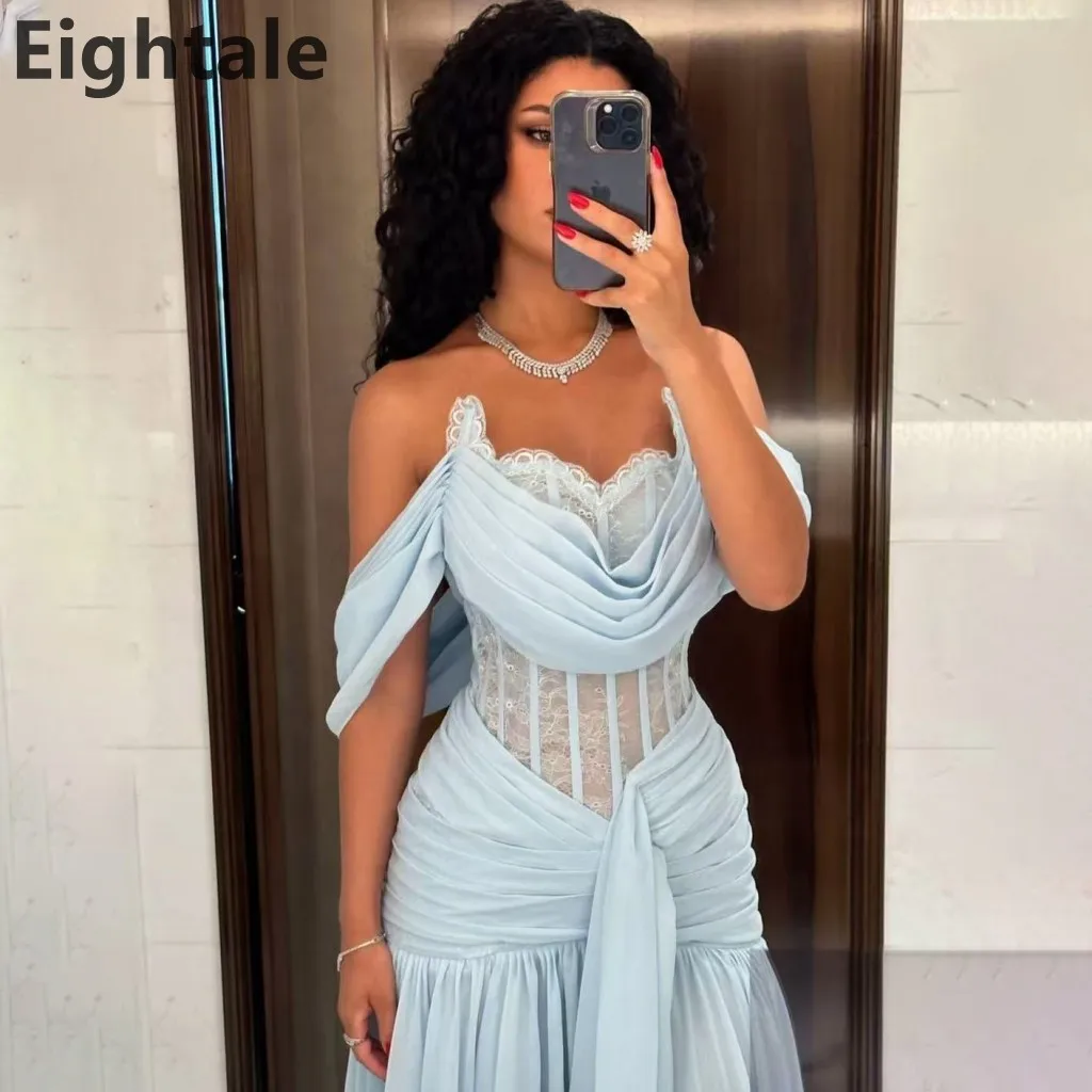 

Customized Light Blue Chiffon Off Shoulder Evening Dress For Wedding Party Sweetheart A Line Formal Prom Dress Dubai Party Gown
