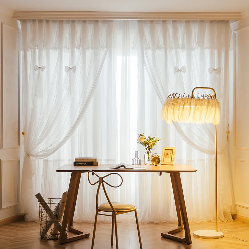 

Korean Ins Brand 3 Layers Blackout Curtains for Girl's Bedroom, Fashion Lace Sheer White Curtain Drapes for Living Room