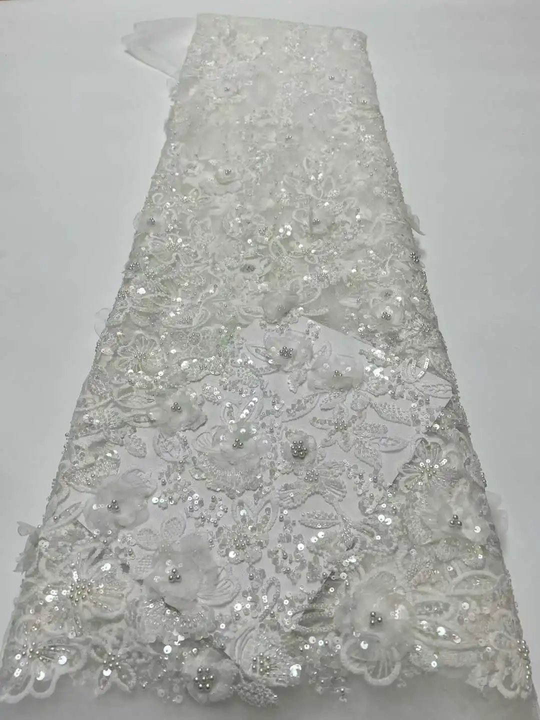 

Luxury 3D Lace Fabric with Flower Tulle Dubai Hand Beaded Embroidered African Nigerian Sewing Fabric 5 Yards