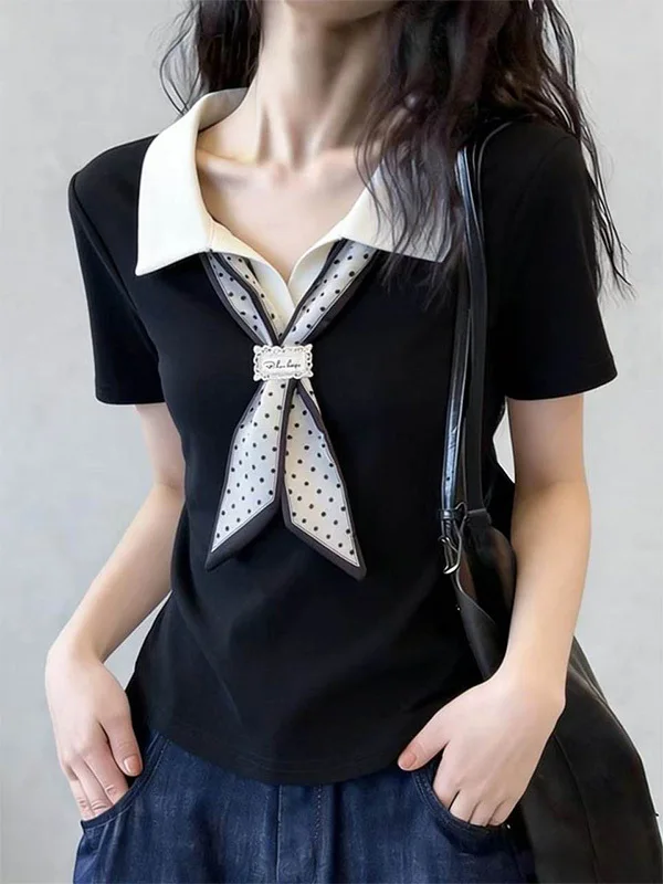 Summer New Style College Wind Color Collision  Neck T-Shirt Women Scarf Decoration Short Sleeve Slimming Youthful Spirit ...