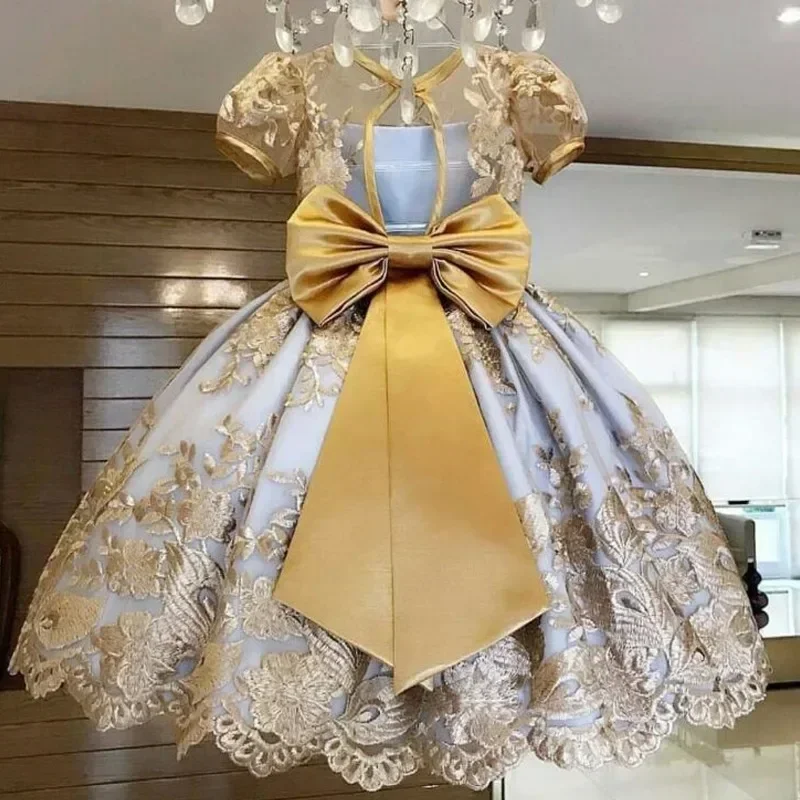 Backless Bow Party Dresses Elegant Girls Retro Court Dress Kids Dresses for Girls Embroidery Princess Wedding Birthday Prom Gown