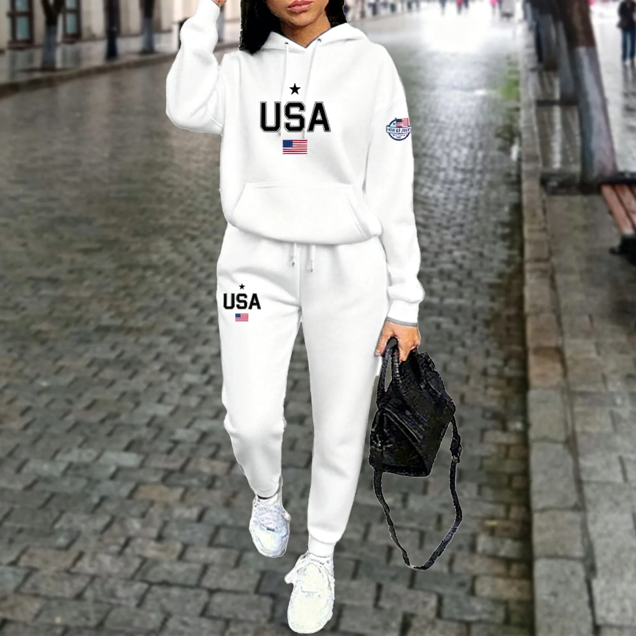 Women's sets hoodies pants 2pcs Autumn Winter Sports Outfits U.S.A Letter graphic print Jogging Suit Clothes Female Tracksuit