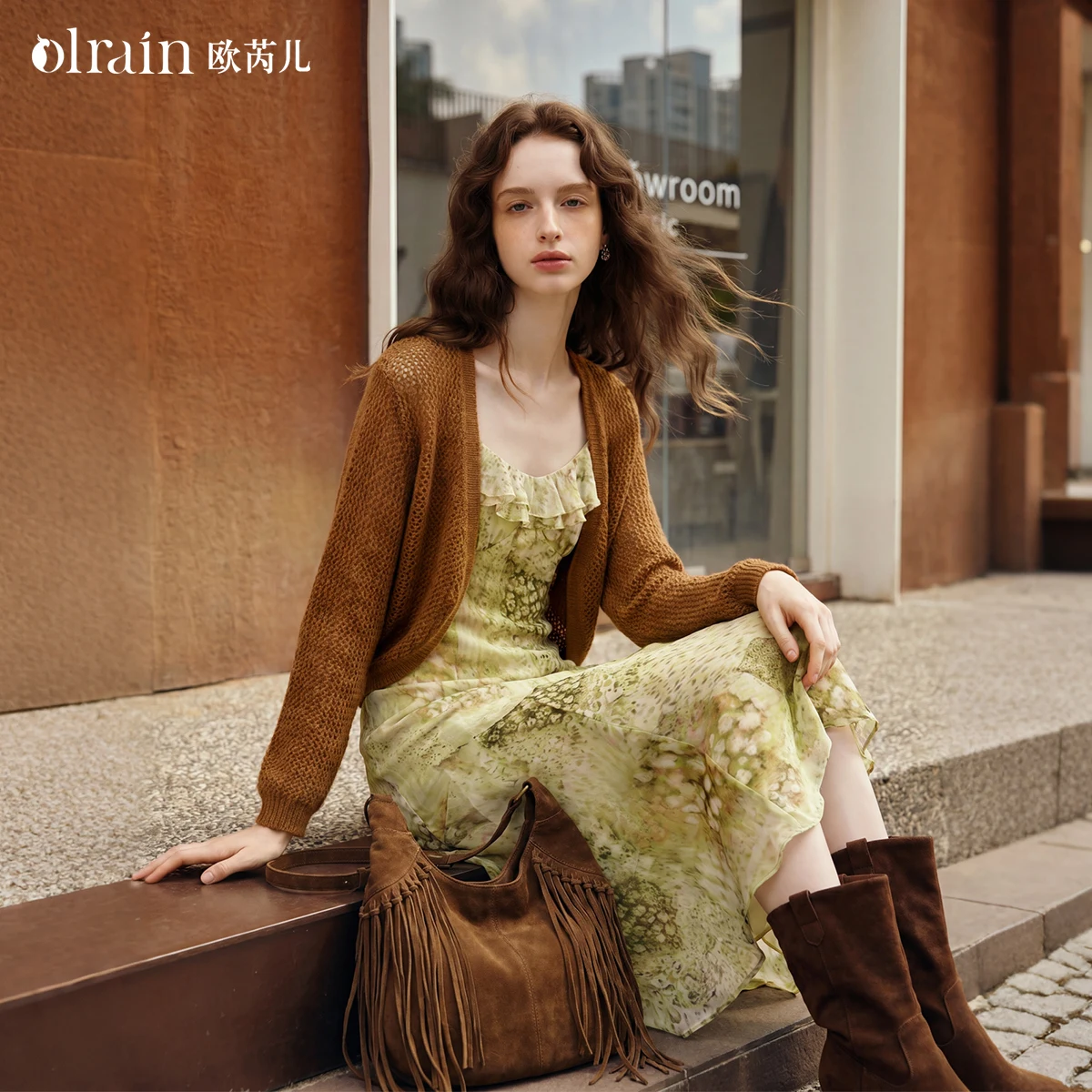 OLrain shawl knitted sweater women's clothing 2026 autumn new Maillard caramel hollow texture bat sleeve O58QZ009968