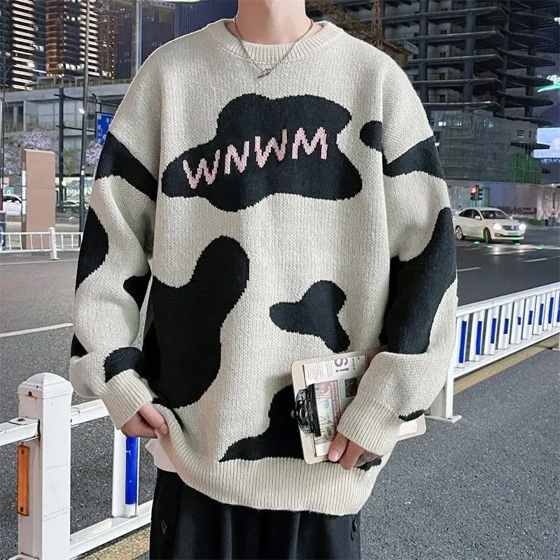 

Autumn Winter Cow Thickened Sweater Men's Contrast Loose Round Neck Men's Knitwear Style Korean Edition Trendy Bottom