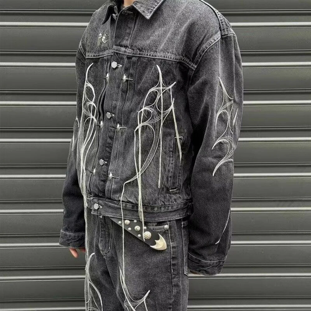 

Hong Kong Style Heavy Industry Loose Label Deconstructed Denim Jacket Men Autumn Winter New Fashion Asymmetric Splicing Tops Men