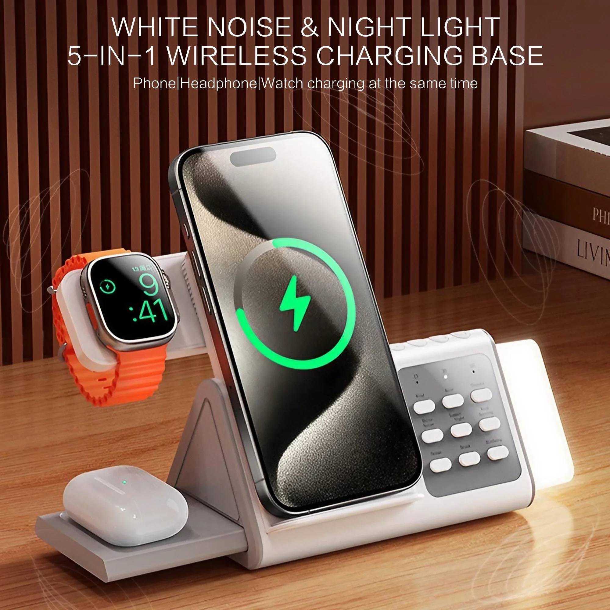 حامل شاحن لاسلكي 3 في 1 مع ضوء ليلي أبيض اللون شحن سريع لسماعات Apple Watch AirPods