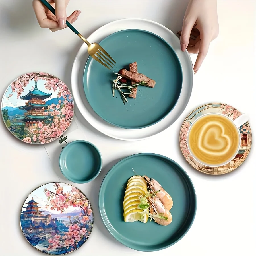 6pcs 2D Japanese Cherry Blossom Flat Round Wooden Coaster Exquisite Landscape Design Tea Coffee Cup Coaster Various Cup Shapes