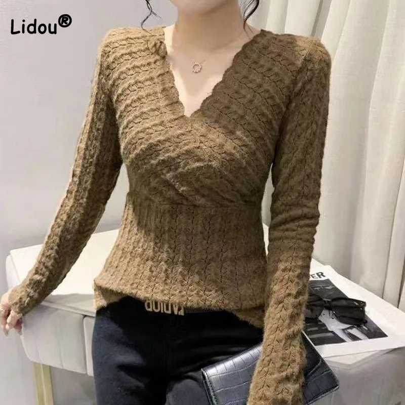 

Slim Sexy Women's Lace V-Neck T-shirt Autumn Winter Thick Long Sleeve All-match Solid Color Tops Fashionable Female Clothing