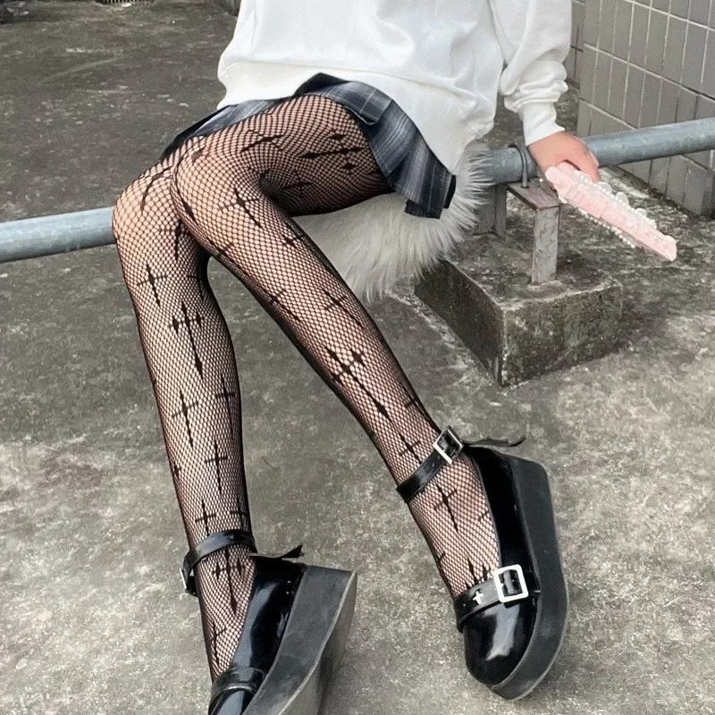 Collants gothiques Lolita pour filles, imprimés Crux, chaussettes longues en maille et Nylon pour femmes, bas de corps Sexy de fête, Costumes en résille