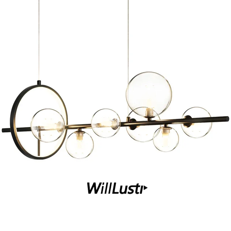 LED Glass Bubble Pendant Lamp Iron Pole Ceiling Chandelier for Hotel Cafe Dining Table Luxury Suspension Hanging Lighting