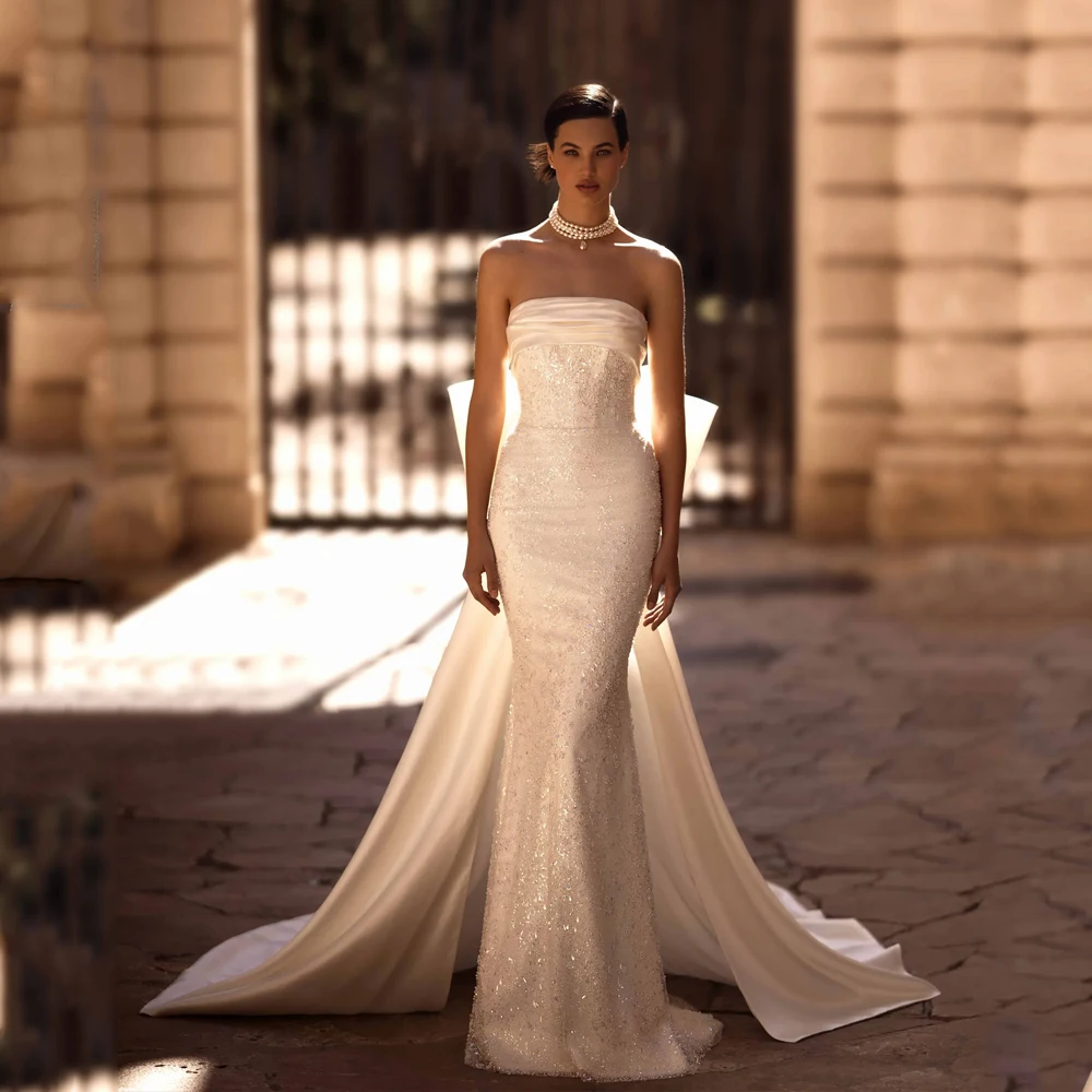 

Customized Strapless Wedding Dresses With Bow Mermaid Sequin Backless Exquisite Satin Bride Gowns Sweep Train vestidos de novia