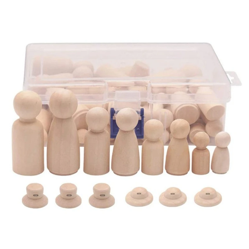 

FBIL-Wooden Peg Dolls, 56PCS Unfinished Decorative DIY Angel Tiny Doll Bodies Painted Natural Wooden People With Hats