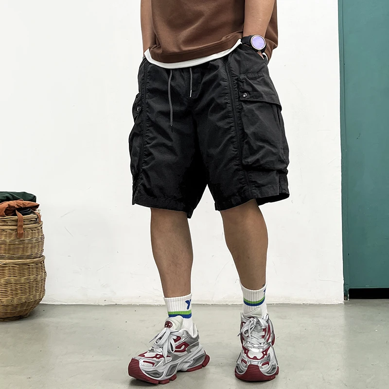 Корейские модные шорты-карго цвета хаки, мужские летние винтажные шорты с несколькими карманами, свободная уличная одежда, уличная повседневная модная средняя длина, 5 дюймов