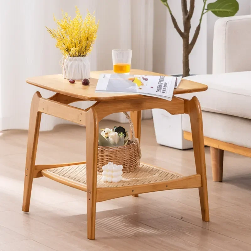 Simple Solid Wood And Bamboo Sofa Side Table Creative Modern Double-layer Storage Table Small Unit Side Cabinet Coffee Table