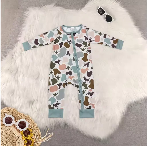 Newborns Aged 0-2 Rompers Boys Bamboo Camouflage Zipper Long-Sleeved Romper Summer Boutique Baby Boy Clothes