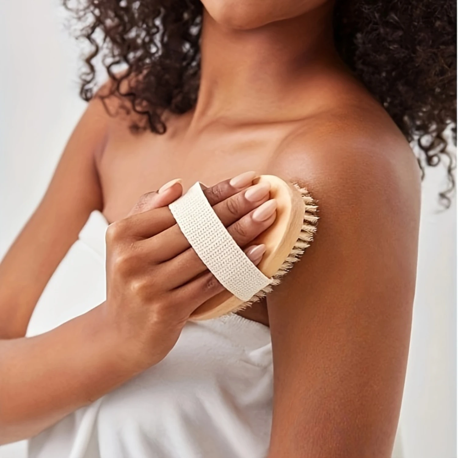 Wooden Bath Brush with Anti-Slip Strap - Body Exfoliator for Wet or Dry Brushing, No Battery Required - Unscented and Eco-Friend