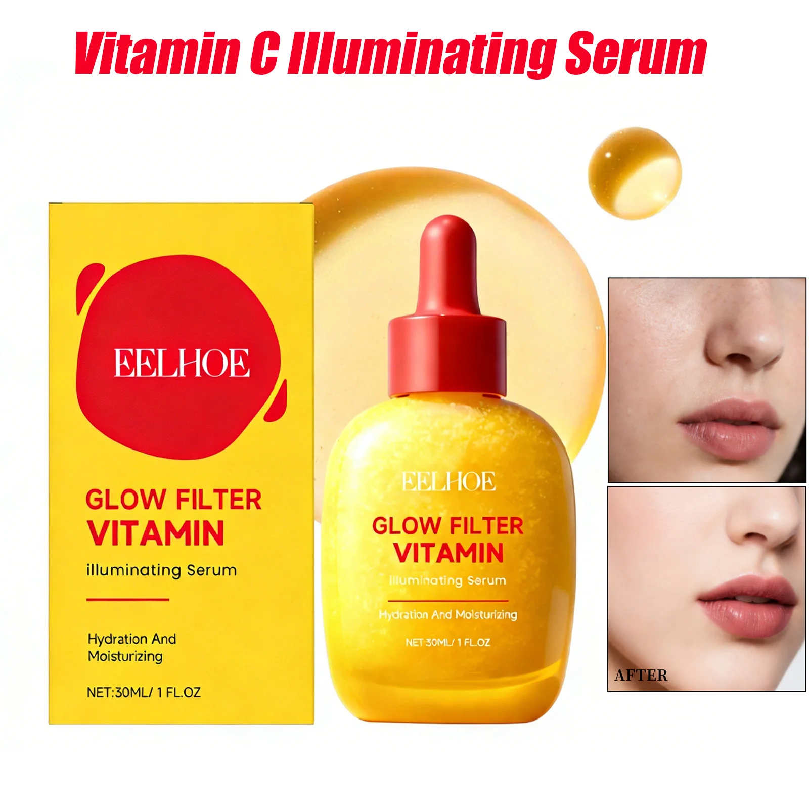 Sérum Iluminador de Vitamina C, Sérum Facial Clareador e Hidratante, Uniformiza o Tom da Pele, Alivia a Secura, Cuidados Diários com a Pele, Essência 