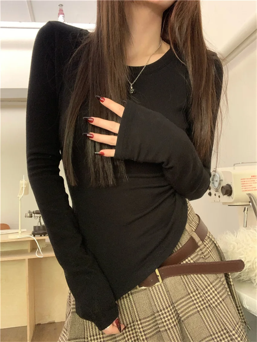 PLAMTEE Bottoming Tees Women Chic Thicken Warm 2024 Spring Skinny Solid Full Sleeve Sexy New Slim Daily Office Lady T-Shirts