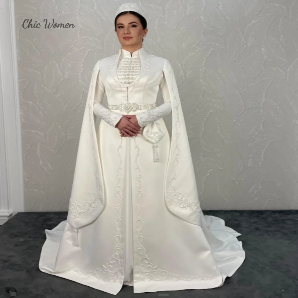 Tradition Ingush Caucasian Wedding Dress With Beaded Elegant Caftan Turkish Abaya Bride Dress Plus Size Bridal Gown Customized