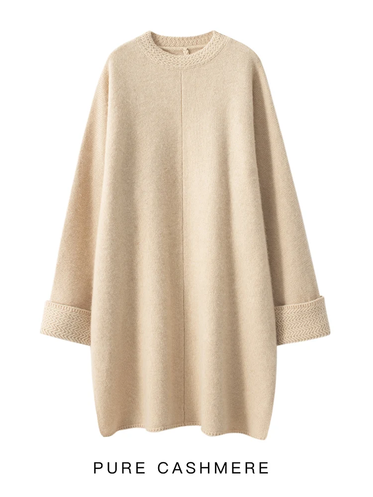 TLOML جديد الخريف الشتاء المرأة 100% الكشمير متماسكة سترة البلوز الفاخرة فستان طويل سترة عادية فضفاض الإناث فستان الكشمير