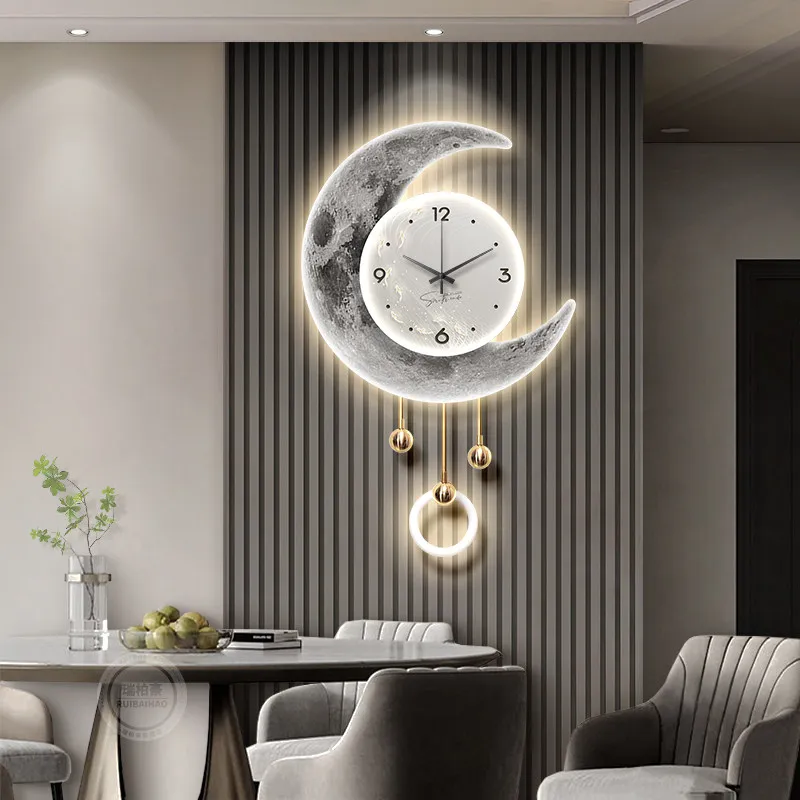Light luxury TV background wall decoration painting with time clock creative living room pendant moon restaurant wall lamp paint