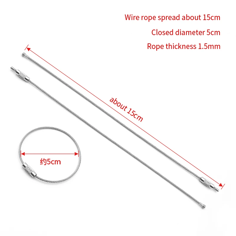 2pcs 1.5mm 304 Stainless Steel Wire Rope Ring Keychain Wire Ring Keychain Ring Tag Pendant With Lock Buckle
