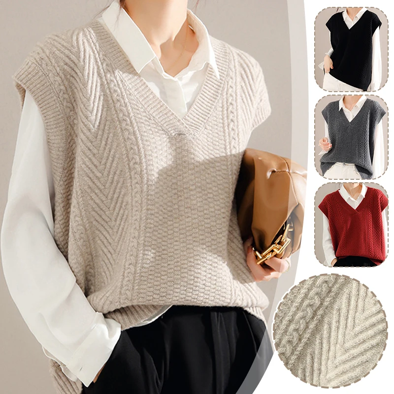 Women's Korean Knitted Sweater Casual Vest Elegant V Neck Waistcoat Sleeveless Loose Pullover Female Autumn Winter Jumper Tops