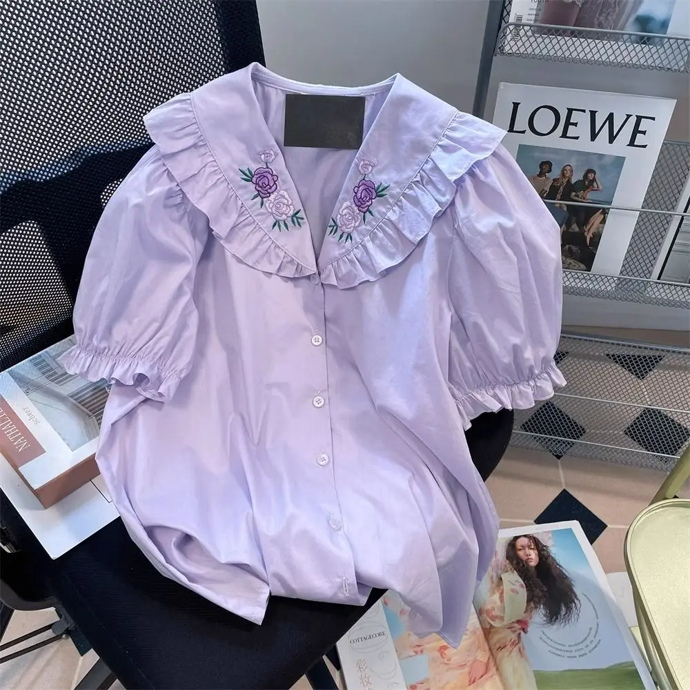 Summer Oversized Sweet Patchwork Ruffles Loose Peter Pan Collar Short Sleeve Blouse Female Korean Buttons Shirts Women Clothing