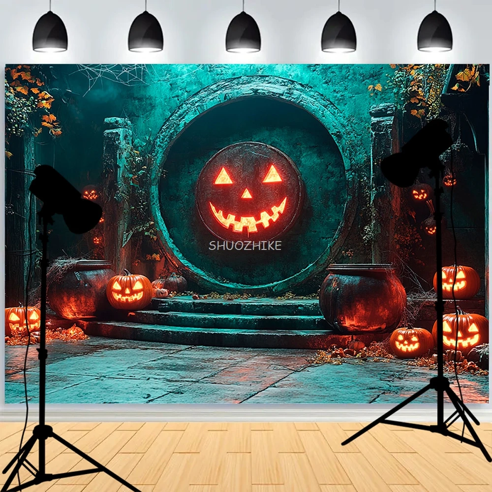 Central Empty 3d Podium บ้านผีสิงพื้นหลังเรืองแสงขั้นตอน Spooky Ghost โปสเตอร์ผนัง Cobwebs การถ่ายภาพฉากหลัง GW-01