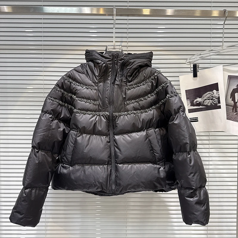 2025 Inverno Nuovo stile americano Industria pesante Bordo di perforazione Crimpatura Giacca in cotone caldo con cappuccio Cappotto di design alla moda