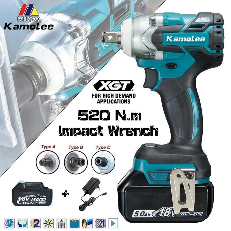 Chave de Impacto Elétrica sem Escova Kamolee Alto Torque Compatível com a Bateria Makita 18v Dtw285 520n.m 4
