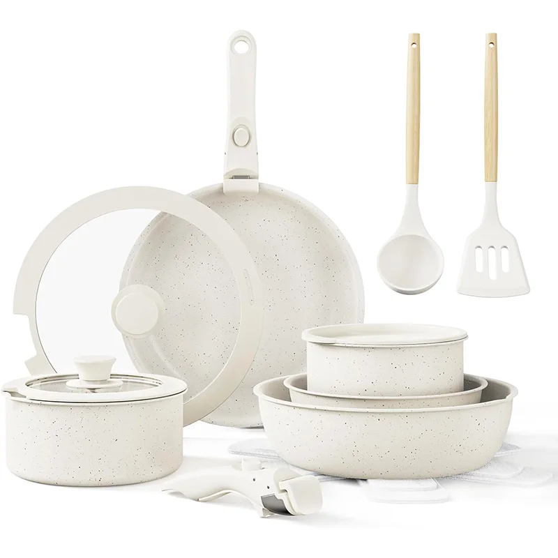17 Piece Cook Ware Set Non Stick Cookware Silicone Spoon  Kitchen Utensil Set Detachable Handle Nice Set of Pots and Pans