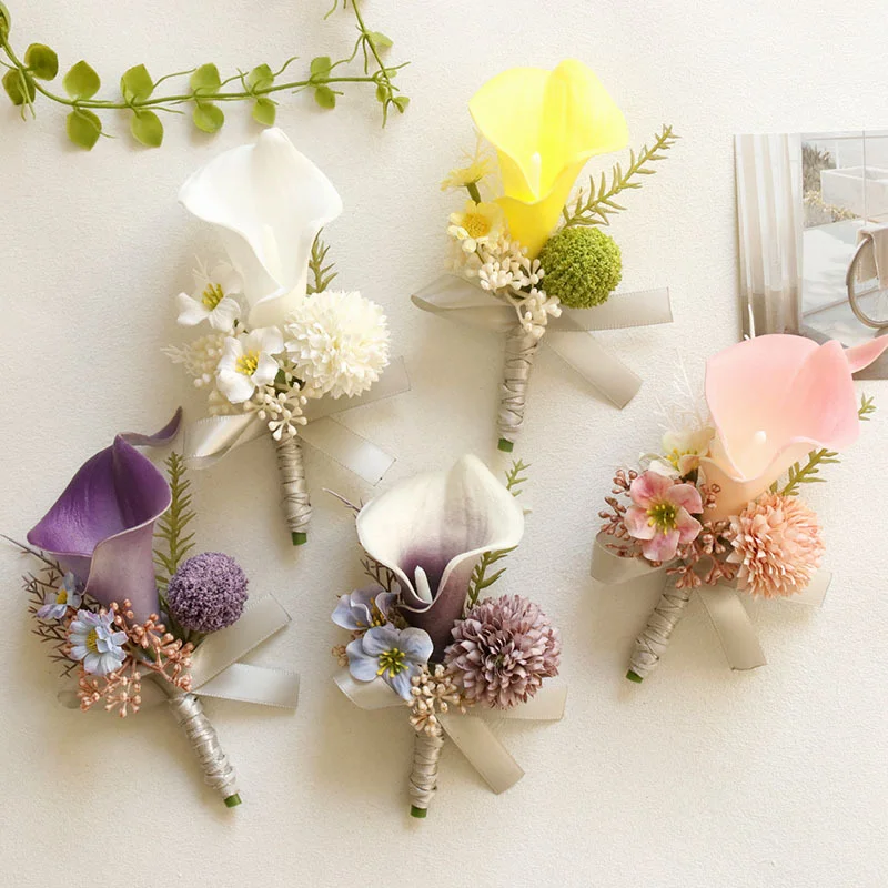 

Boutonniere And Wrist Corsage 2499 Wedding Supplies Banquet Guests Artificial Flower Common Calla Bridegroom Bride Cross Border