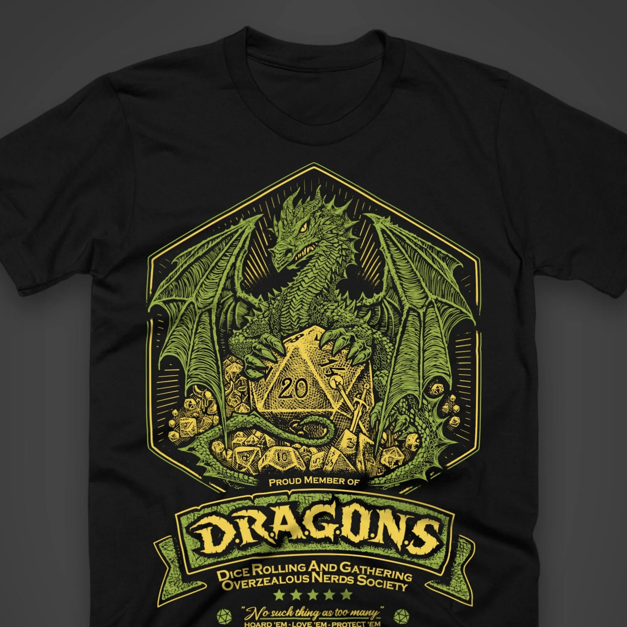 DRAGONS - An RPG Role Playing Gamer's D20 dungeon master t-shirt, screen printed by hand