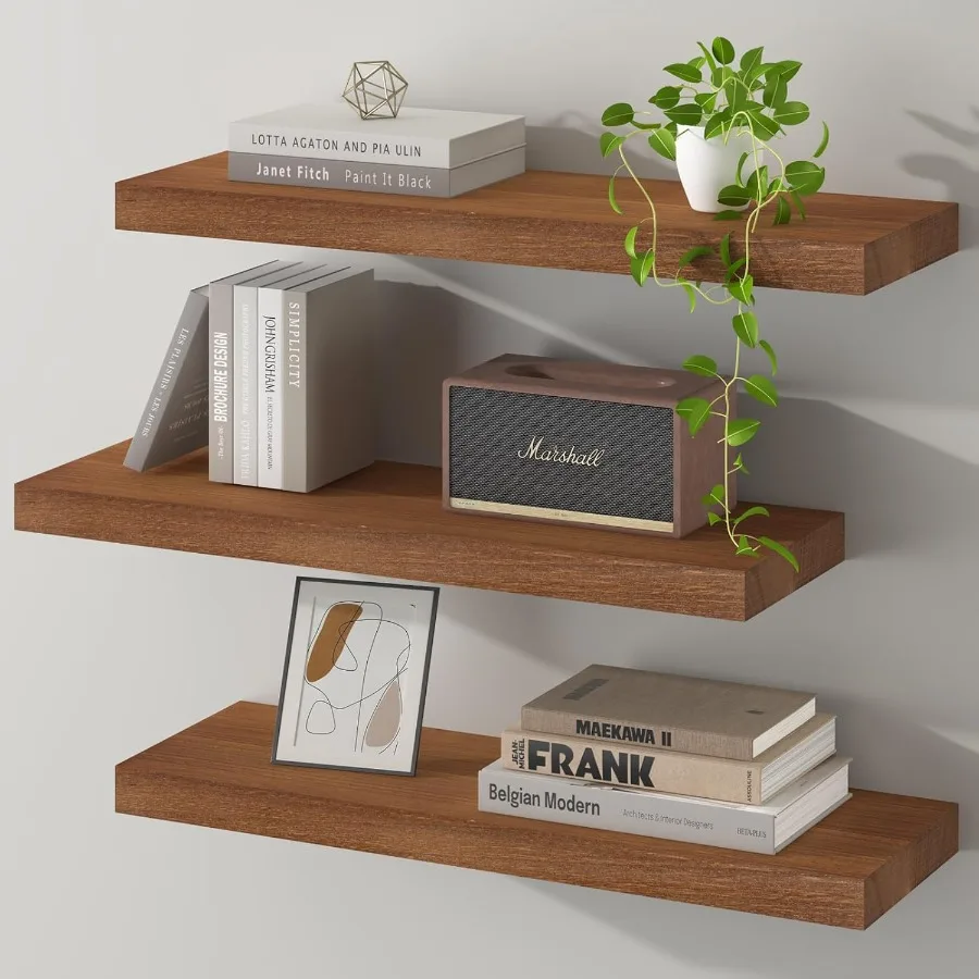 

Floating Wall Shelves for Bedroom Bathroom Wall Mounted Solid Wood Shelf 24 Inch Set of 3 Walnut Floating Shelves