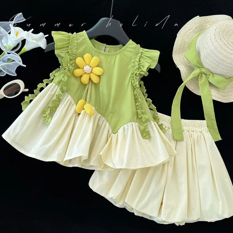

2025Summer New Girls' Outfit Set Lace Trim Vest Shirt Shorts Stylish Two-Piece Set Wholesale