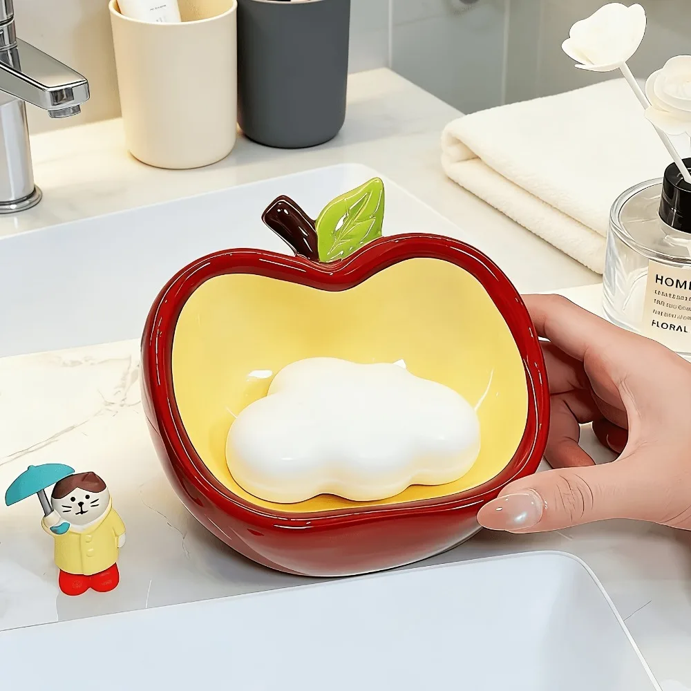 Apple Shaped Ceramic Soap Dish Cute Red Yellow Fruit Soap Holder for Bathroom Kitchen Countertop Home Decor Sweet Gift