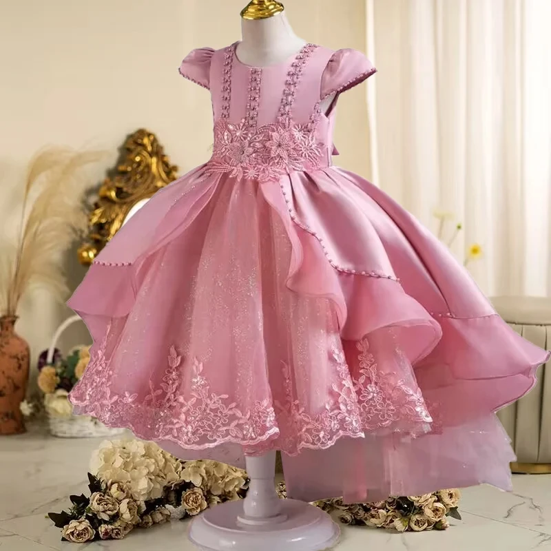 Girl\'s pearl Birthday Beaded Flower Tail Fluffy Dress 4-12 years old New Girls Embroidered Sequin Wedding Girls Princess Dress