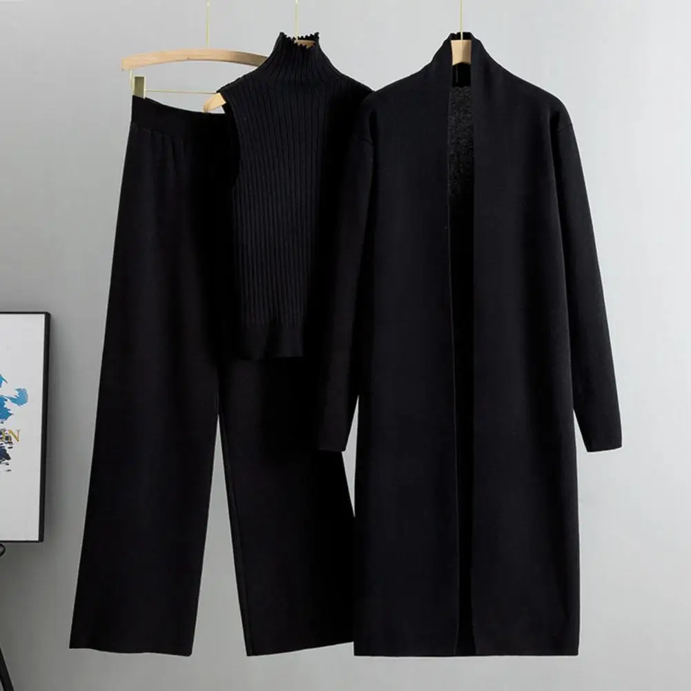 Solid Color Vest Cardigan Pants Knitted Women's 3-piece Set Sleeveless Top Cardigan Coat Wide Leg Trousers Fall/winter Fashion