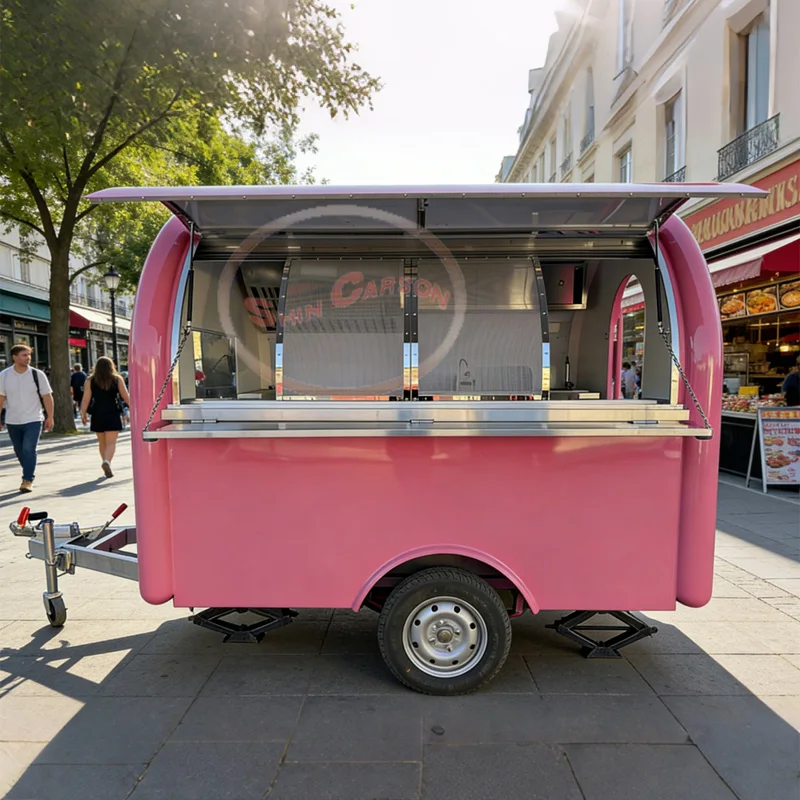 The mobile food truck is equipped with a range hood, refrigerator, freezer and air conditioner. It is a multi-functional trailer