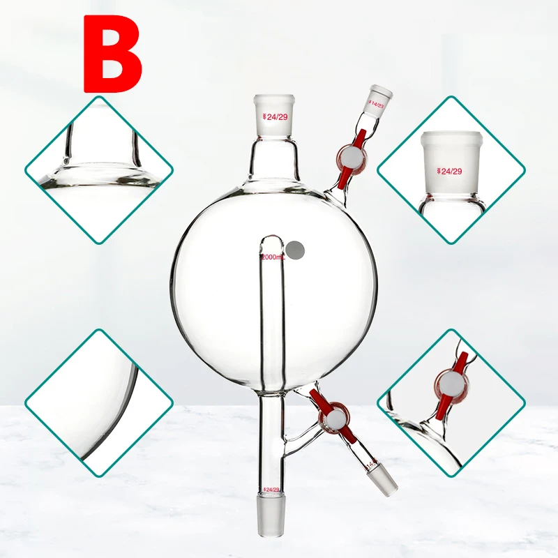 

Solvent distillation head 2-way tetrafluoro piston valve laboratory borosilicate glass 500/1000/2000mL